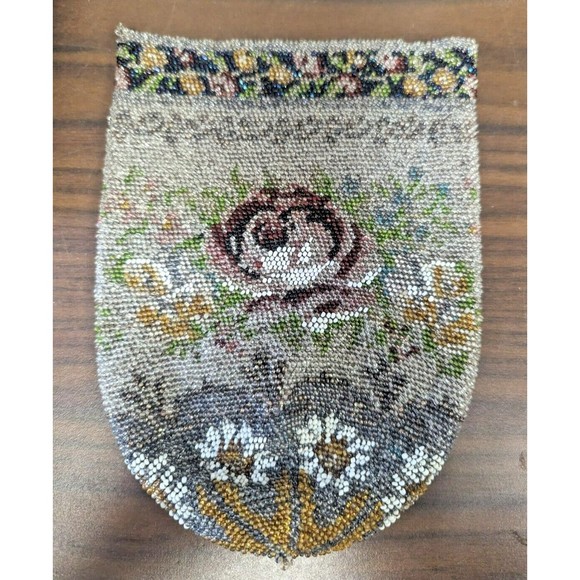 Antique Victorian Colorful Floral Rose Glass Micro Beads Drawstring Purse 1920's - Picture 1 of 7